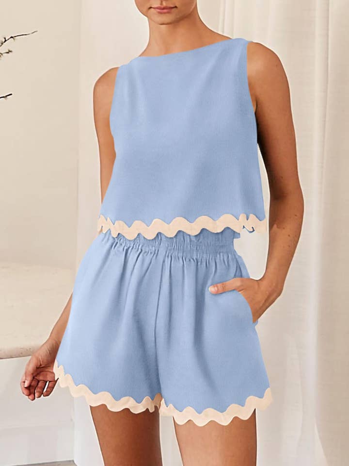 Wholesalesir - Wholesale Lounge Set - Women's - Linen Lace Edge Round Neck Vest Short Top Set
