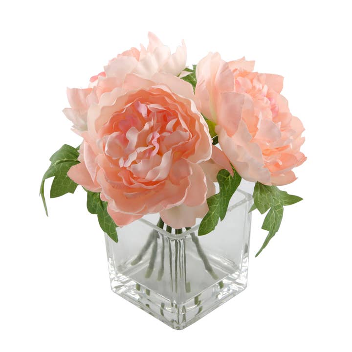 Pink Faux Peony in Square Glass Vase for wholesale by Flora Bunda Inc