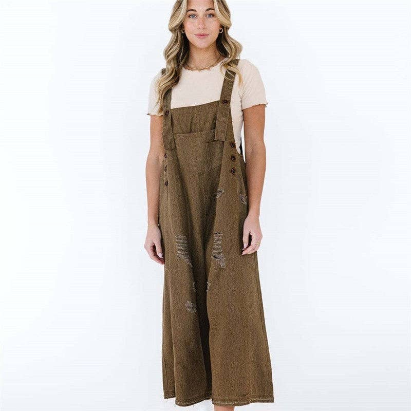 Sheer Trend – Engroshandel Overalls - Dame – Forvaskede løstsiddende denim overalls med brede ben2