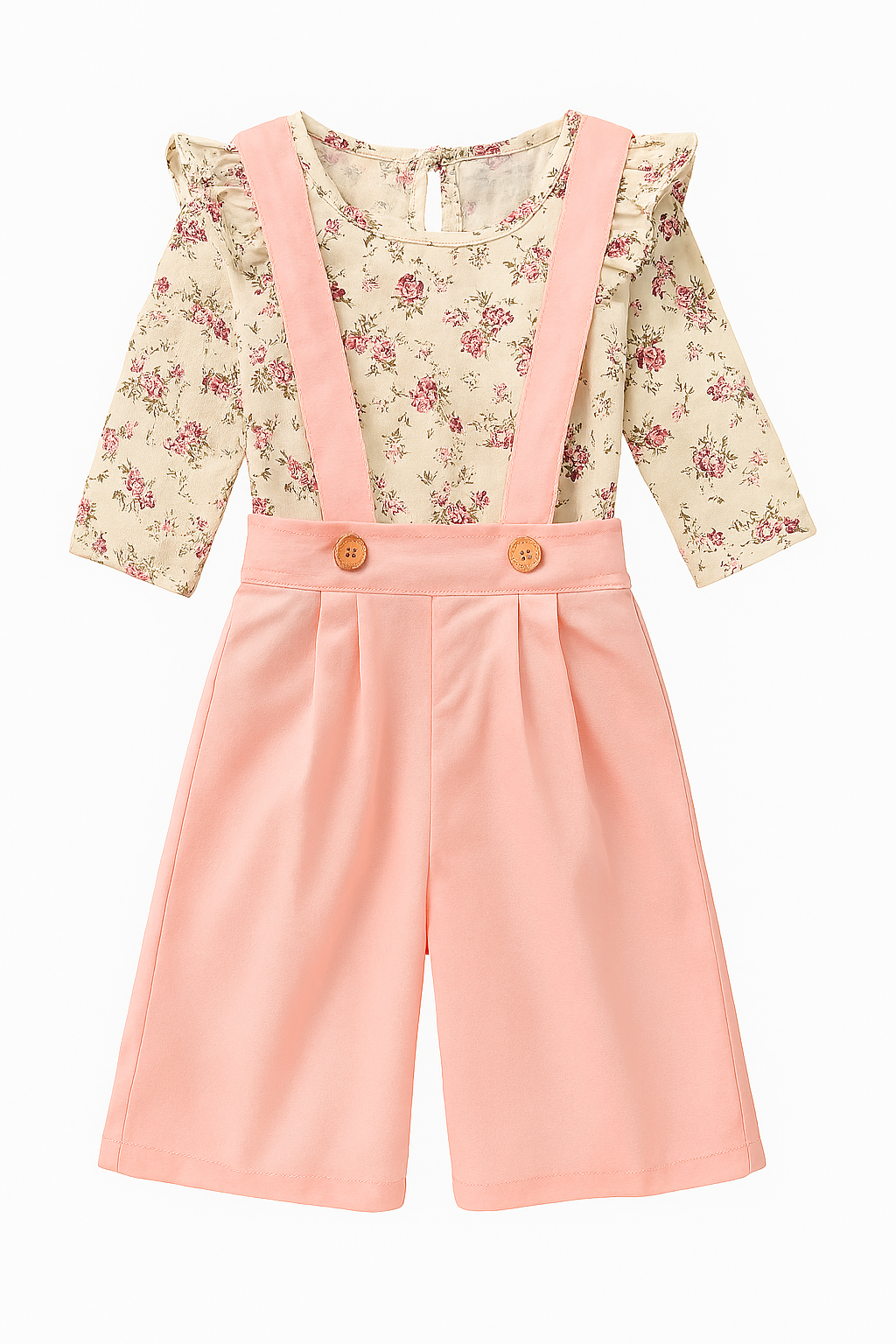 Fennco Styles - Wholesale Clothing Set - Baby - Floral Ruffle Top & Pink Suspender Wide Leg 2pcs Baby Outfit1
