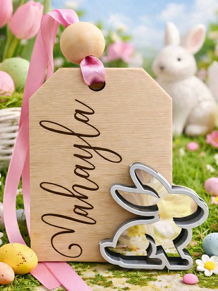 Gepersonaliseerde Paasmand Label – Aangepast Houten Naamlabel met Konijn, Lasergegraveerde Mand Bedel, Paas Aandenken voor wholesale door P7 Creations