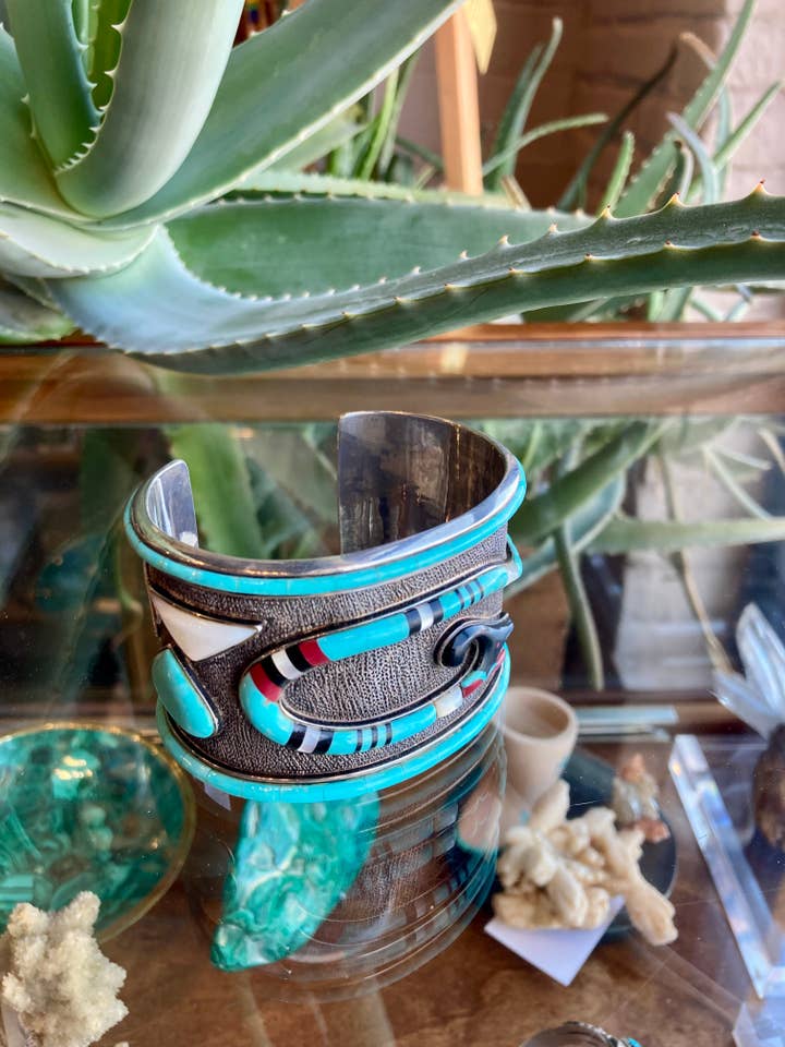 STERLING NATIVE AMERICAN SNAKE TURQUOISE CUFF BRACELET for wholesale by Rainbow Trading Post
