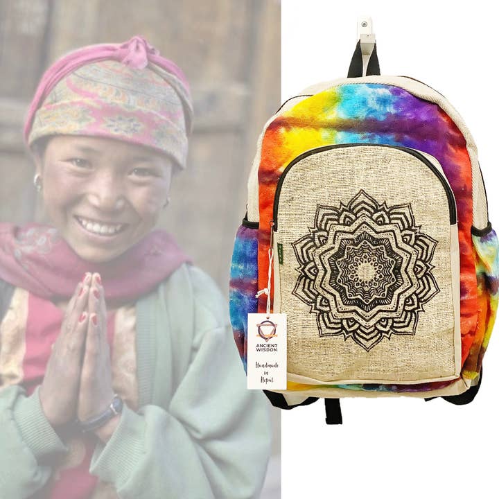 MANDHALA~Zaino Nepalese in canapa vegan ~ Tie and dye per la vendita all'ingrosso da parte di Atisha Spiritual Shop
