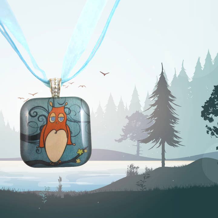 Woodland Owl Glass Pendant Necklace Tree Branch Blue for wholesale by Kathy's Impressions