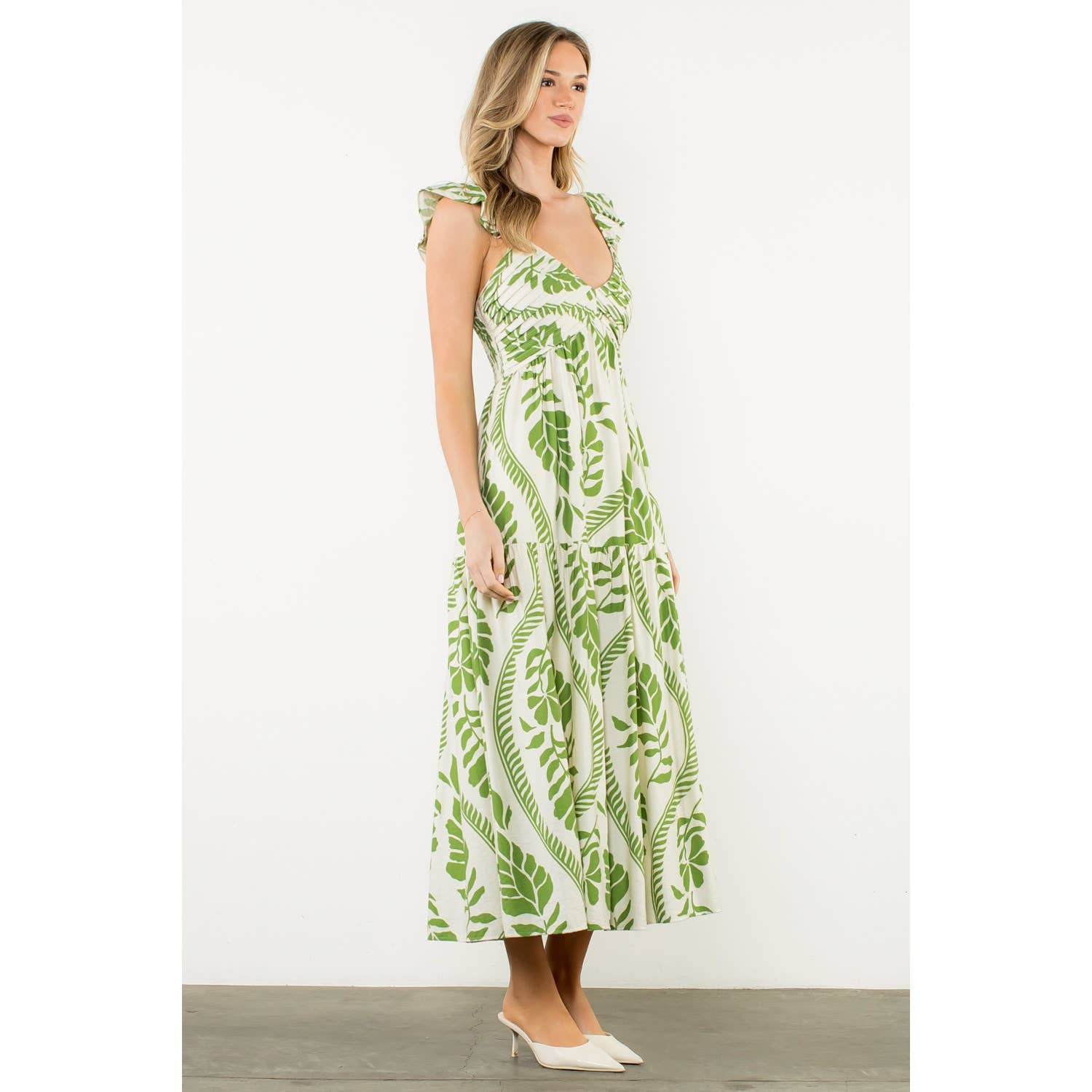THML - Wholesale Dress - Women's - Flutter Sleeve Leaf Print Maxi Dress1