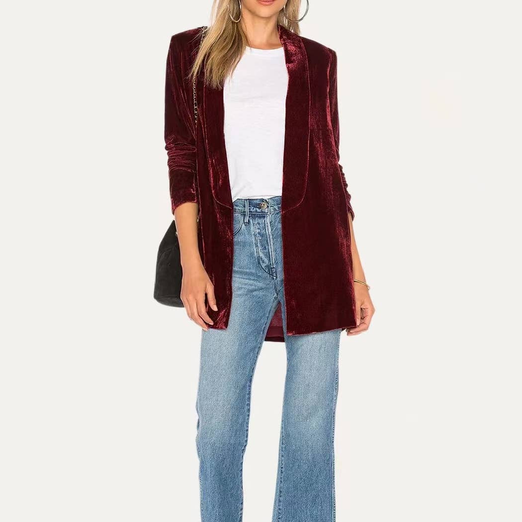 The Moment Collection - Wholesale Blazer - Women's - Trendy Velvet Solid Open Front Lightweight Blazer1