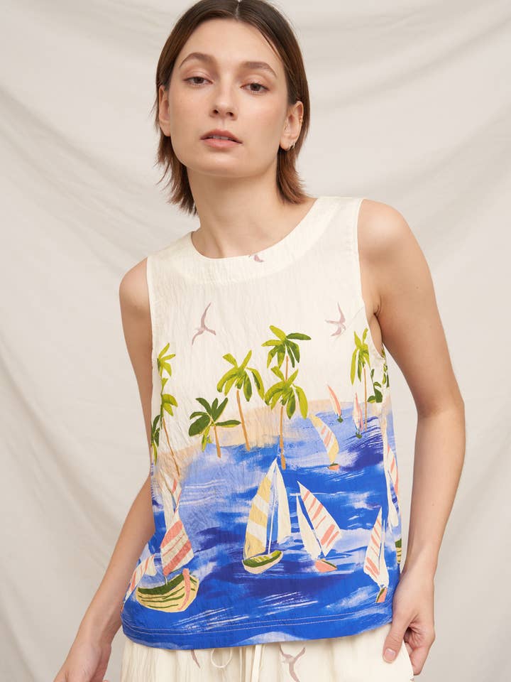 Sleeveless Coastal Print Back Button Down Top for wholesale by En Crème