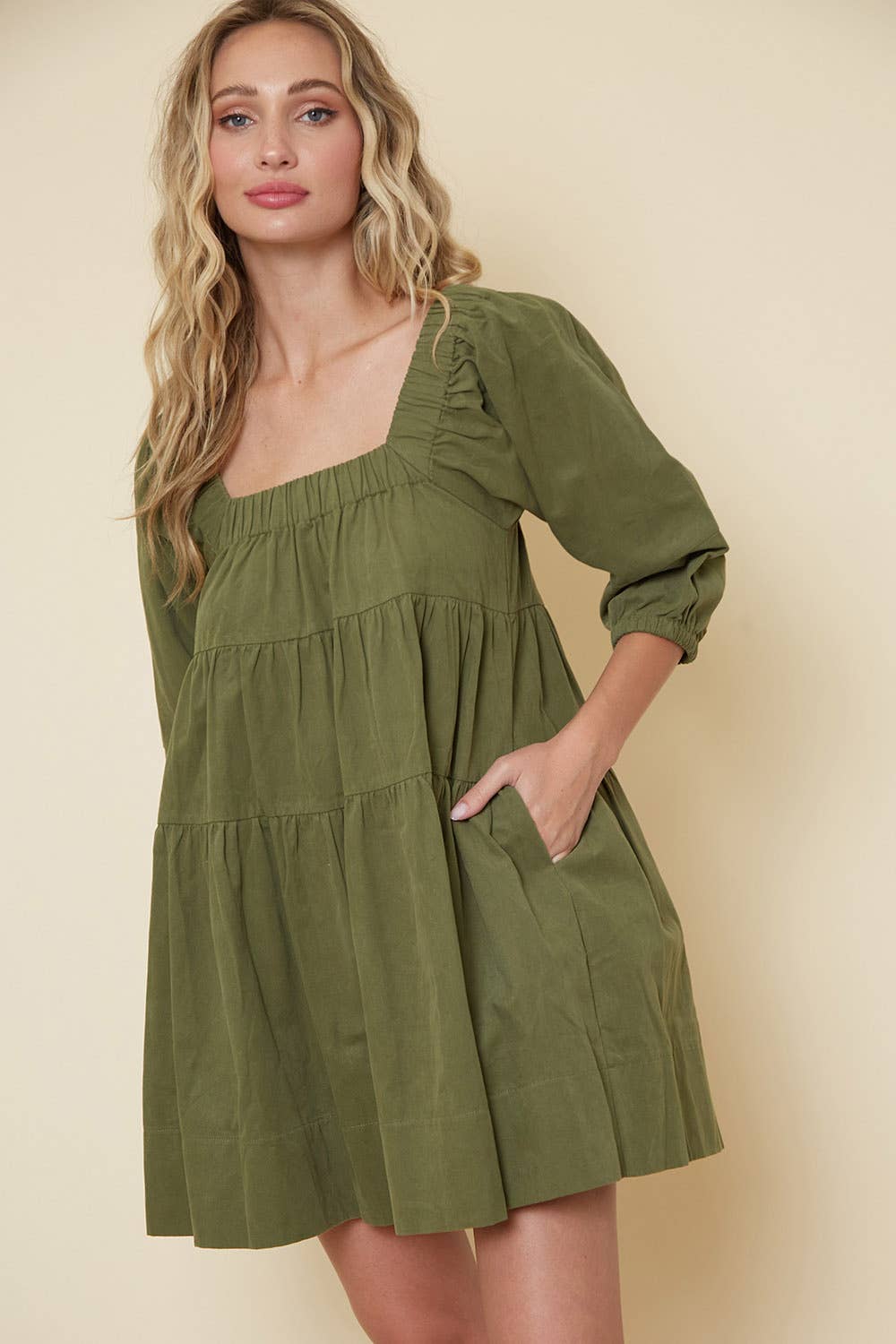 Saints & Hearts - Vente Robe – femme - SID2340A ROBE BABYDOLL OCCIDENTALE À COL CARRÉ OLIVE AVEC POCHES1