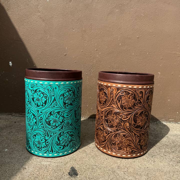 Western Linens - Wholesale Basket - Tooled Leather Basket Bin
