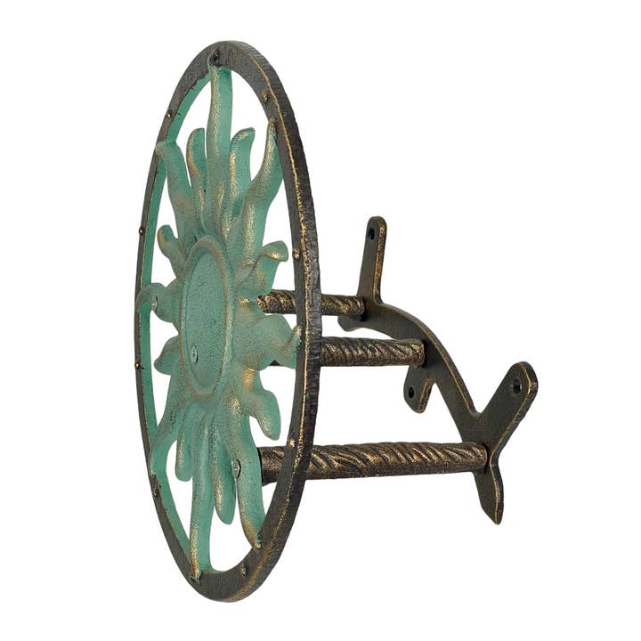 Zeckos - Wholesale Outdoor Ornament/Decor - Decorative Sun Cast Iron Hose Holder In Verdigris & Bronze 2