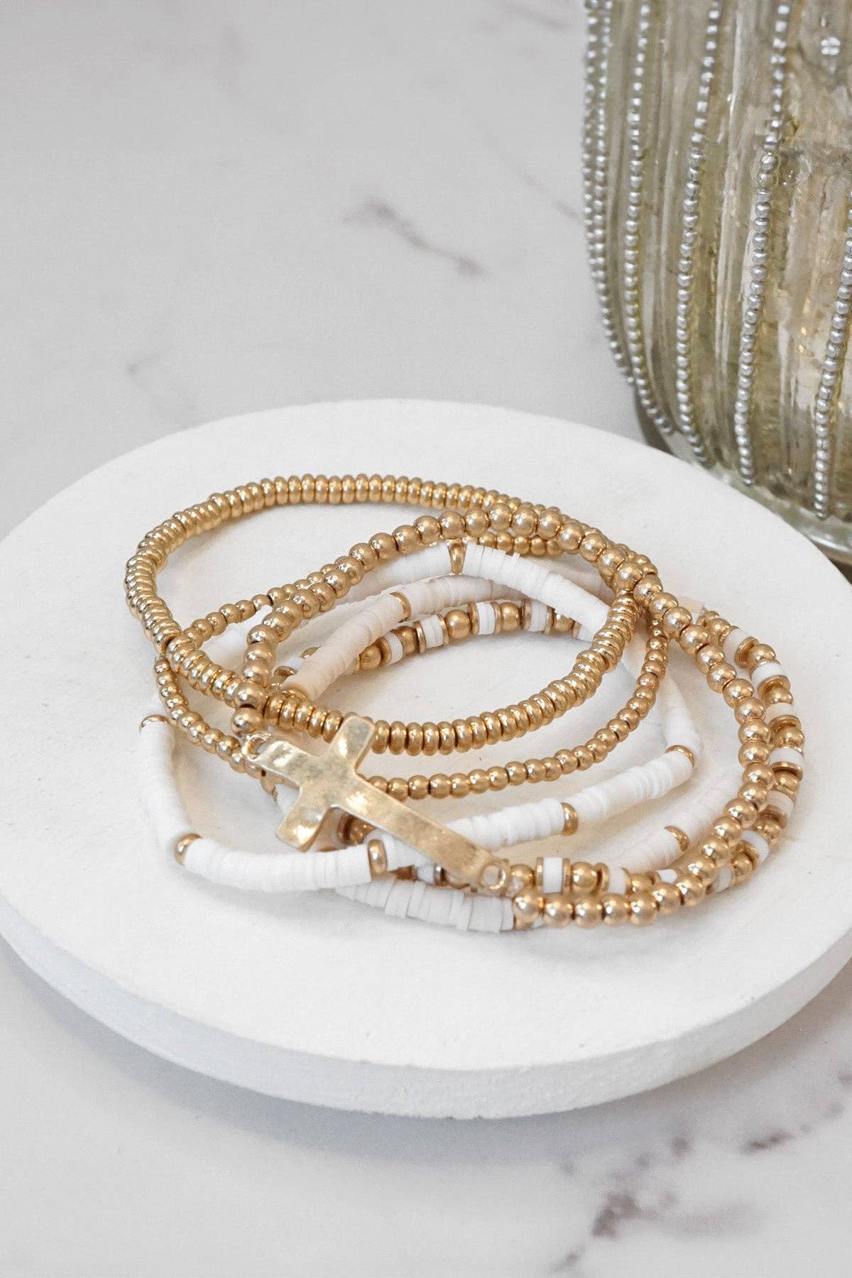 PennyLine inc - Wholesale Beaded Bracelet - Minimal Sideways Cross Bracelet stack Clay and gold metal beads1