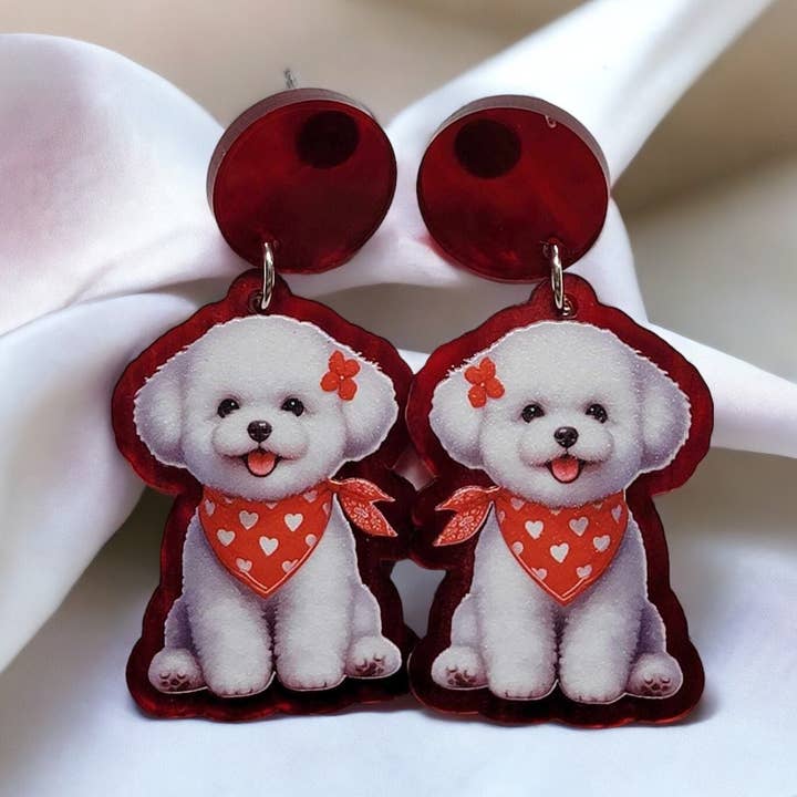 Adorable Bichon Frise Acrylic Earrings with Red Bandana - Cu for wholesale by Morgan's Corner