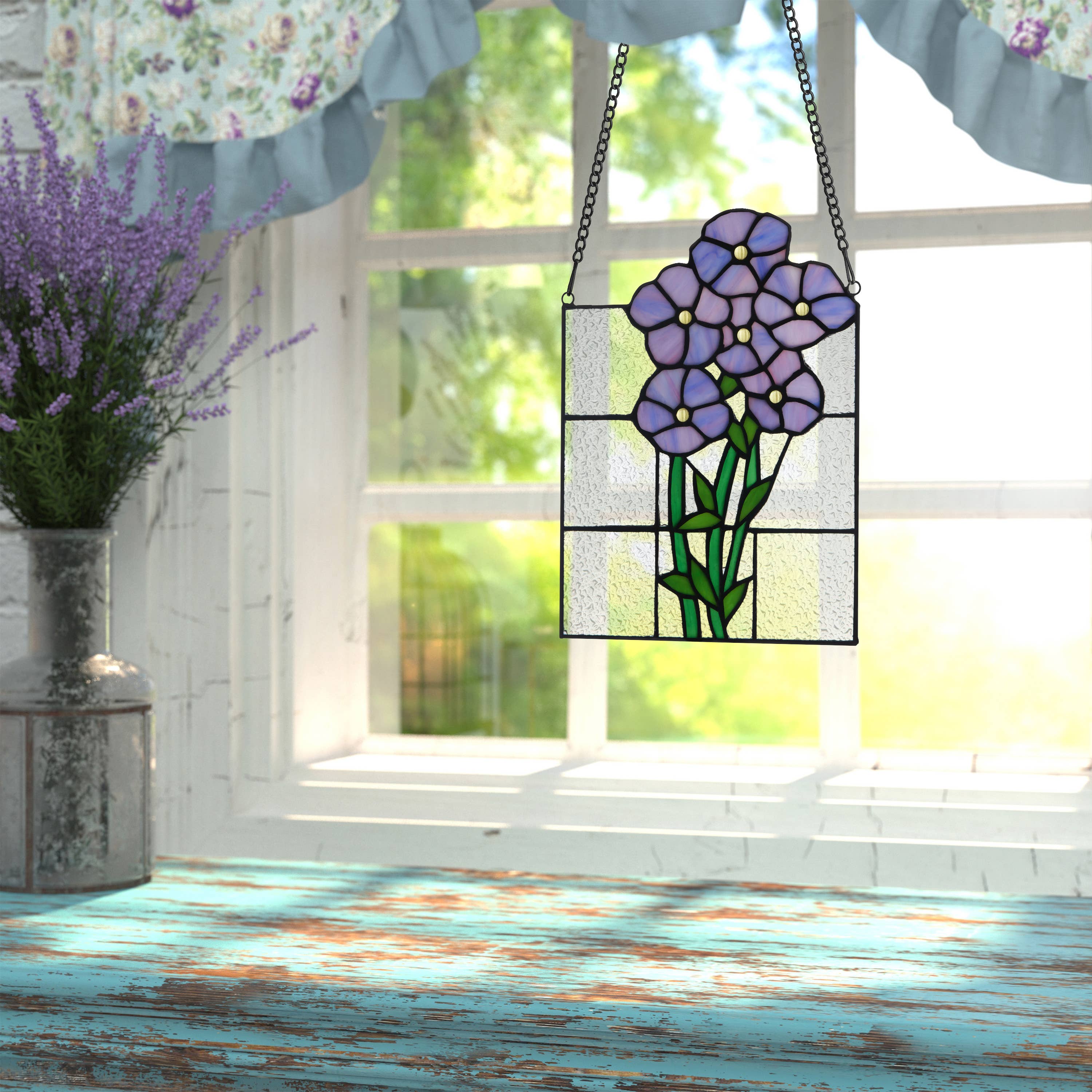 River of Goods - Wholesale Suncatcher - 10"H Forget Me Not Purple Flowers Stained Glass Window Panel5
