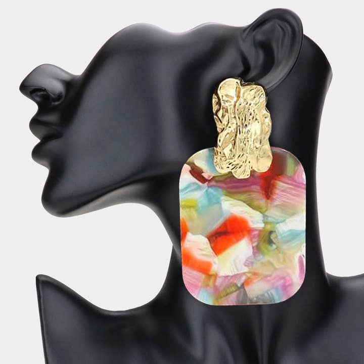 Sensibling Corp. - Wholesale Dangle Earrings - Oversized Patterned Celluloid Acetate Plate Accent Doorknocker Earrings9