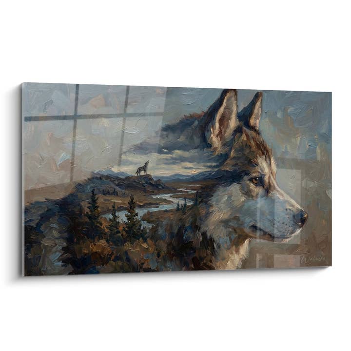 Tableau Portrait Husky Profil avec Paysage Double Exposition - Regard Sauvage - Edition Husky Sibérien pour la vente par Walensky