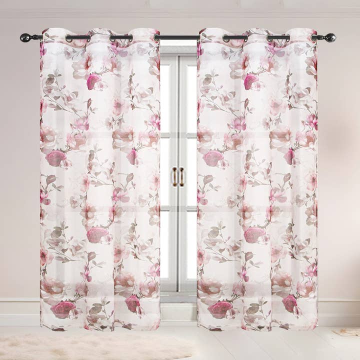 ShopBobbys - Wholesale Curtain - Alaina 2 Pack Floral Sheer Voile Grommet Window Curtain Panel, 37x84 Inches3