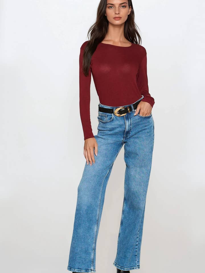 Burgundy Round Neck Long Sleeve Top for wholesale by Aftershock London