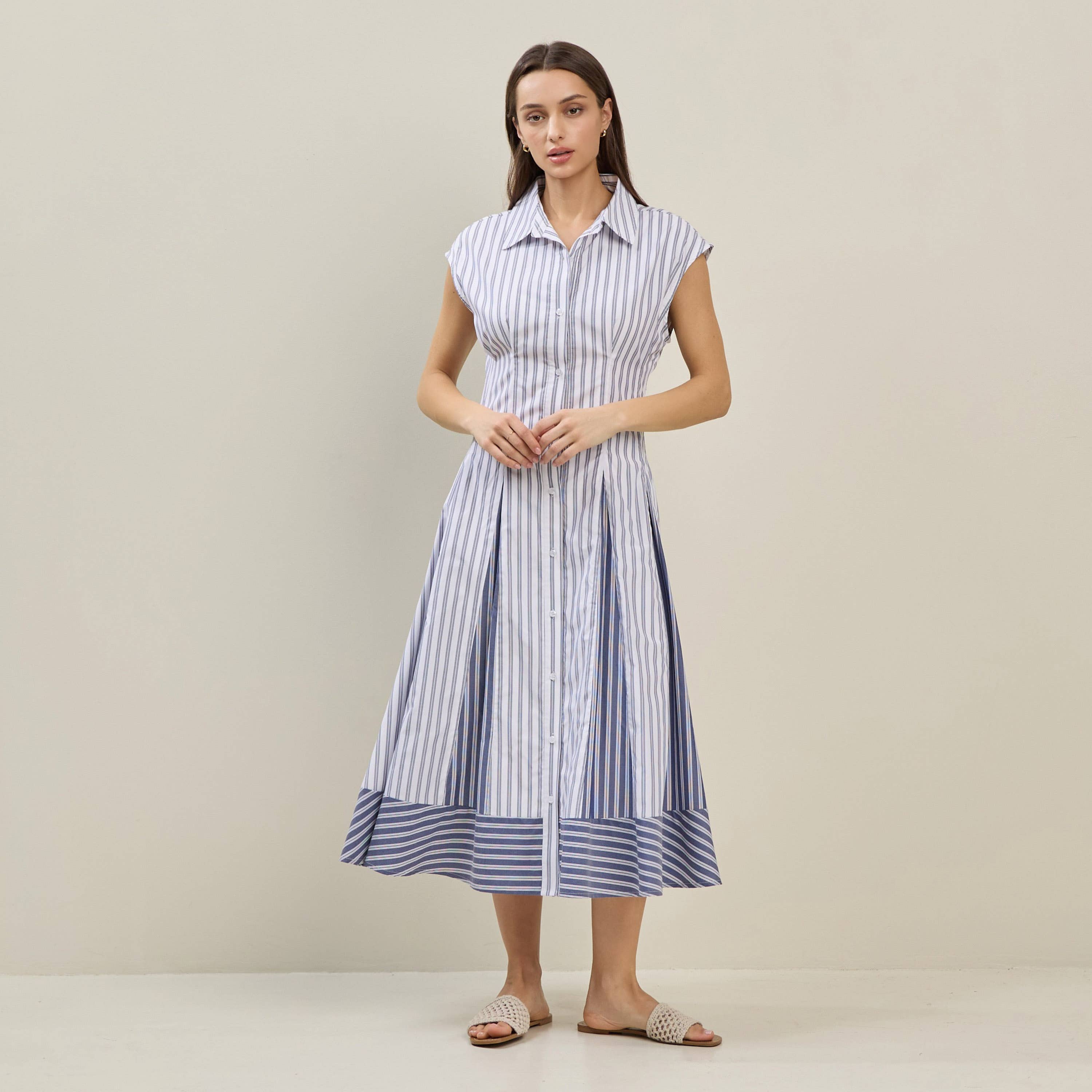 IVORY BLUE Pinstriped colorblock shirtdress for wholesale on Faire5
