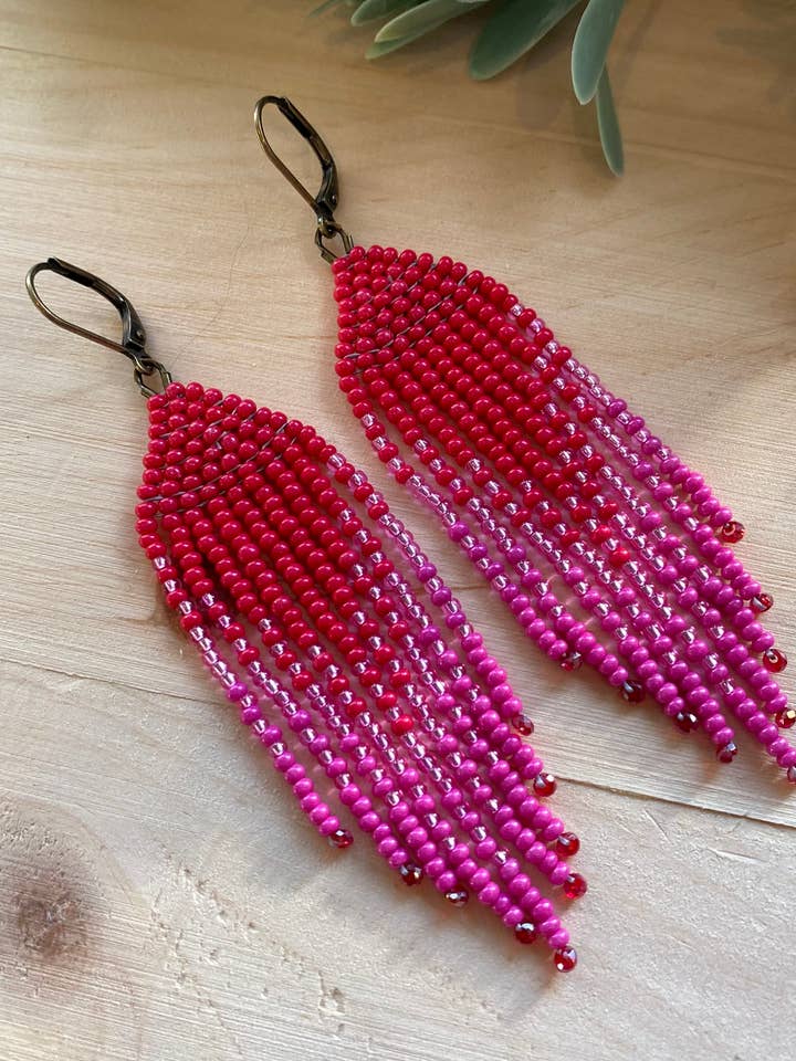 Stunning Red and Pink Boho Fringe Earrings for wholesale by Hazel Earth Design