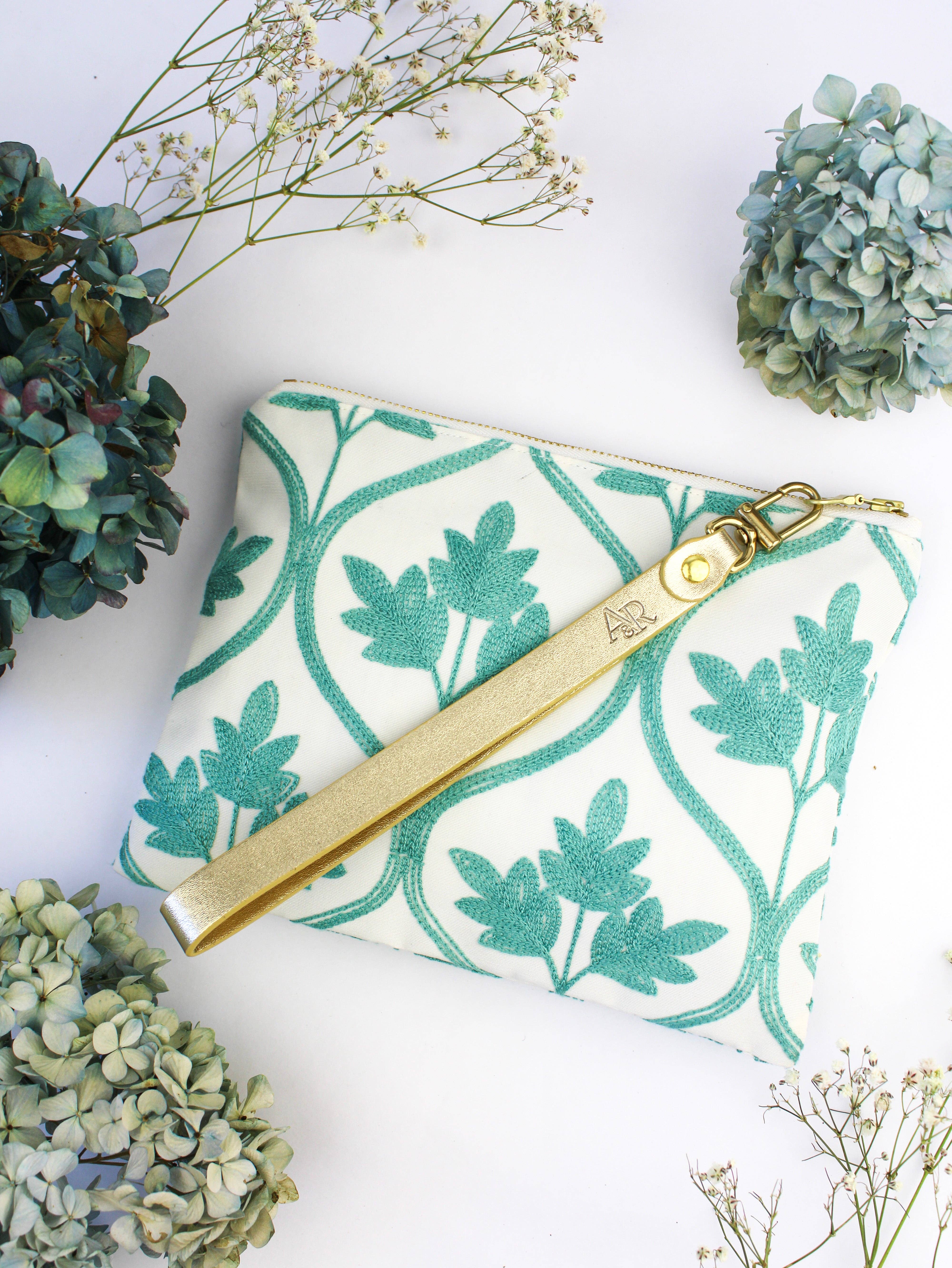Ash & Rose - Wholesale Wristlet - Mayfair Aqua Botanical Embroidered Wristlet Purse1