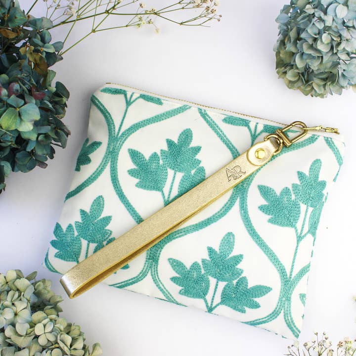 Ash & Rose - Wholesale Wristlet - Mayfair Aqua Botanical Embroidered Wristlet Purse1