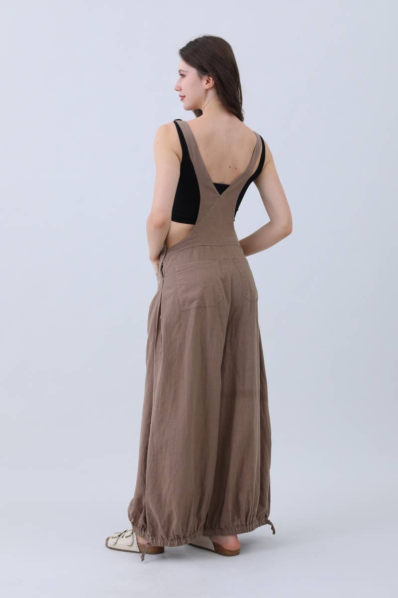 Mocha Natural Linen Jumpsuit for Women – Wide Leg Adjustable Cuffs for wholesale on Faire6