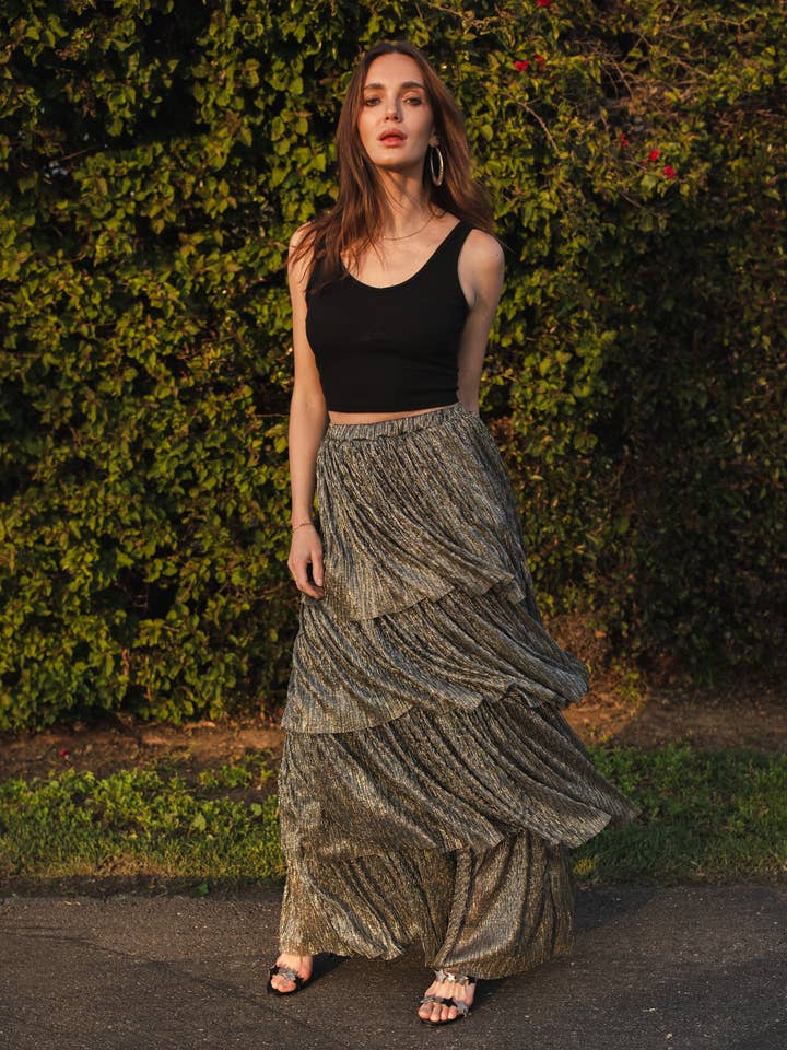 Jennafer Grace - Wholesale Skirt - Women's - Pewter Tiered Maxi Skirt