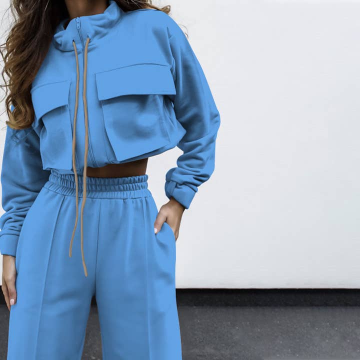 HIDDENBRAND - Wholesale Lounge Set - Women's - Drawstring zip-up sweatshirt & pant 2 piece set outfits
