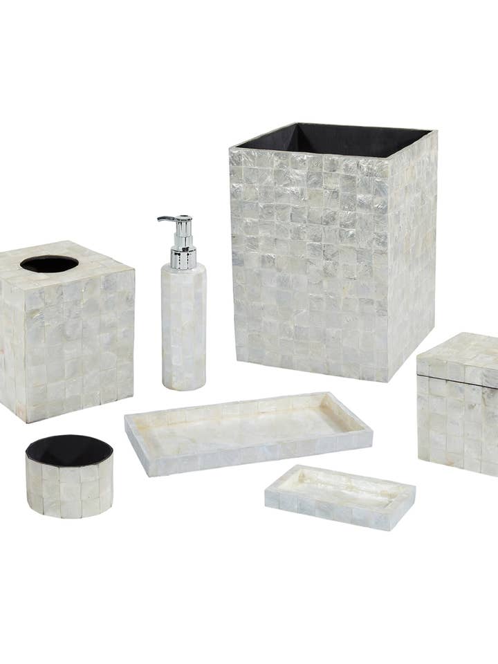 White Tiled Capiz Shell 7PC Bathroom Set for wholesale by HS Seashells