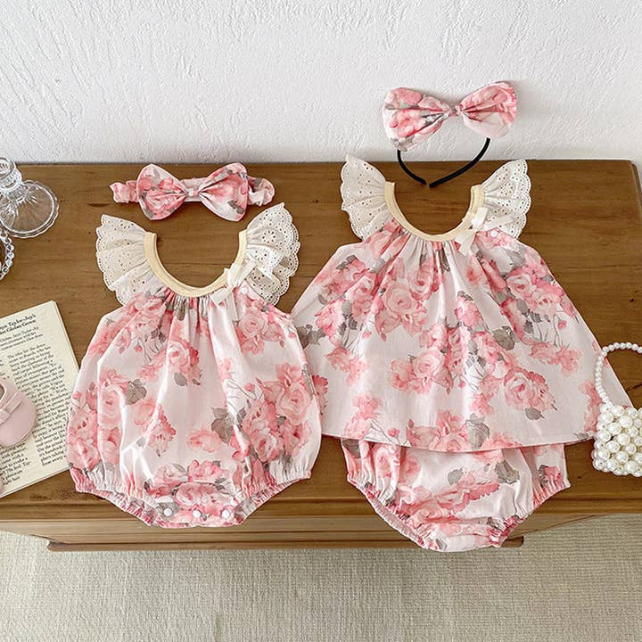 Summer Girls Flowers Pattern Sleeveless Hollow Out Lace Strap bodysuit And Clothing Set – Sister Matching Clothing Set for wholesale by MyKids-USA®