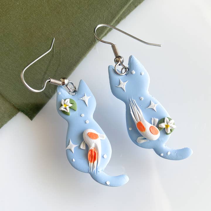 Koi Fish Cats with Lilypads / Clay Nature Earrings for wholesale by Peripheral US