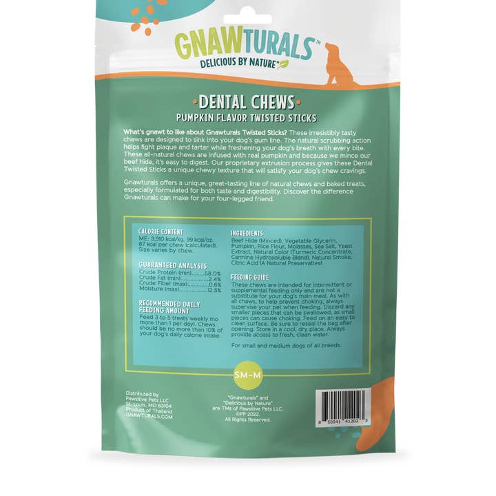 Gnawturals - Wholesale Pet Treats - Dog - Dental Chews Twisted Stick Medium - Pumpkin (5ct)
