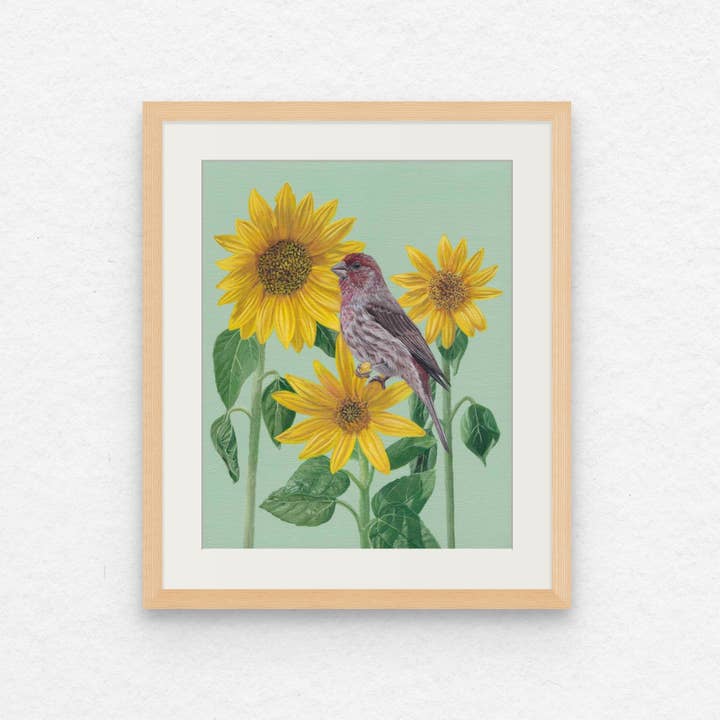„Husfink på solsikker“ Udskriv for engroshandel hos Bekah Zeimetz Art