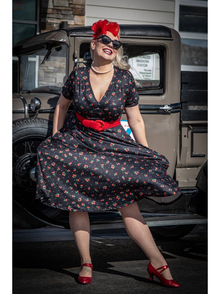 Dolly & Dotty - Wholesale Dress - Women's - Julia Black Cherry Print Midi Dress