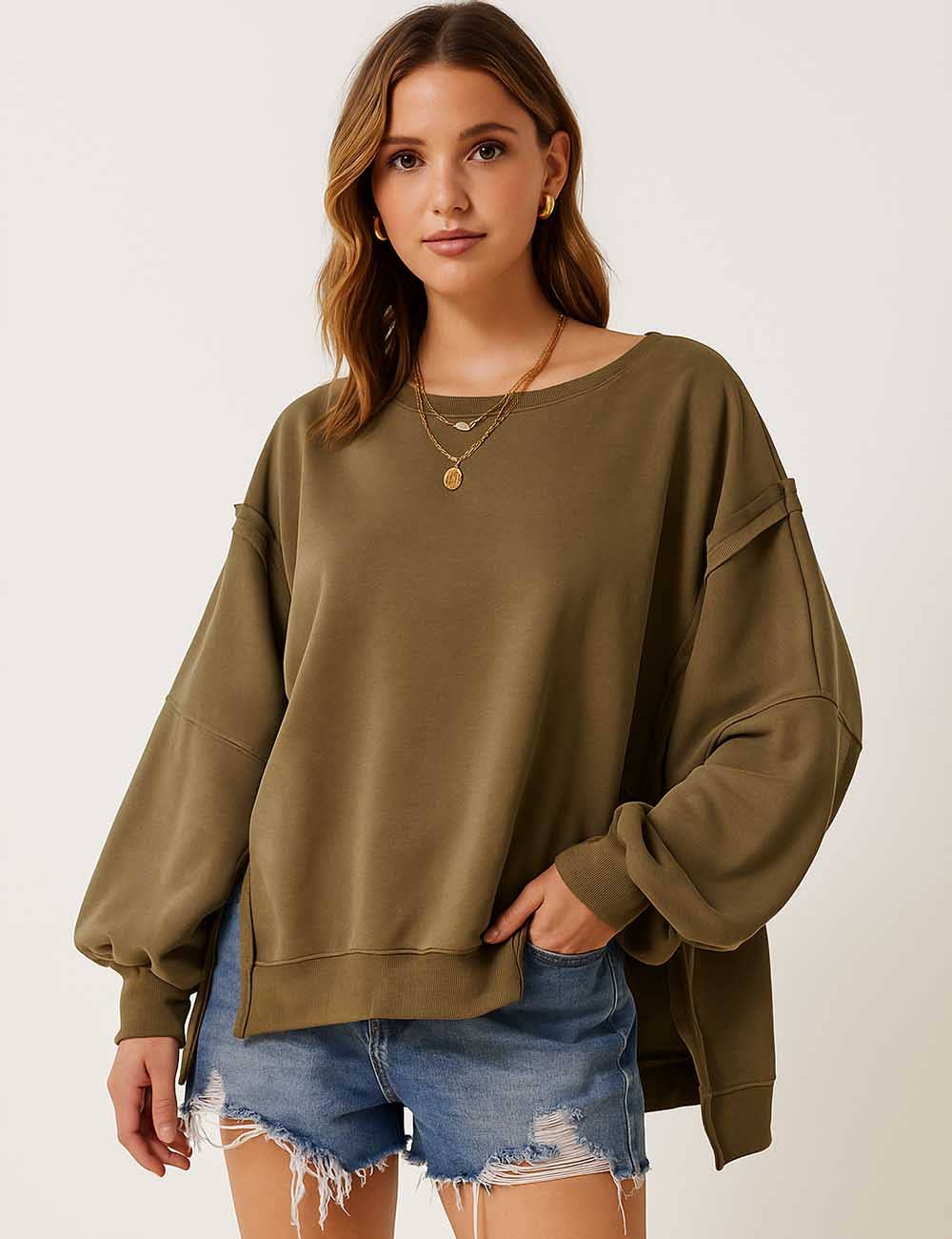 Sweetkama – wholesale Sweatshirt - Dam – Enfärgad oregelbunden Slouchy tröja för damer SKT3855