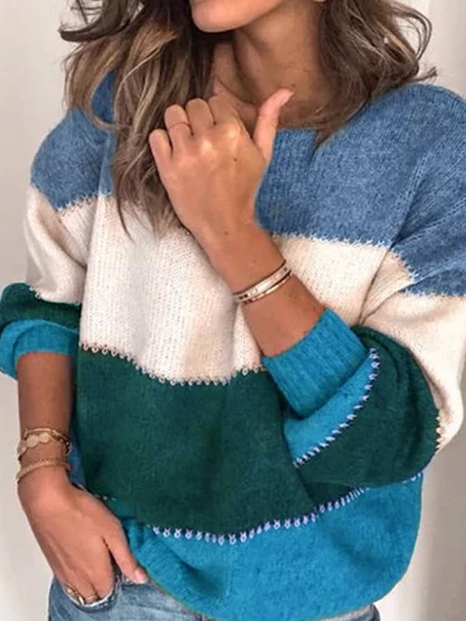 UNISHE - Wholesale Knit Sweater - Women's - Loose Color Block Pullover Knitting Sweater TOPW148613