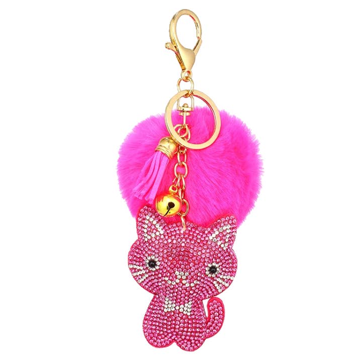 PORTE-CLÉS STRASS CHATON ROSE AVEC POMPON pour la vente par Maida Designs