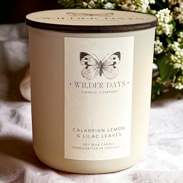 Calabrian Lemon & Lilac Leaves X Wood Wick Soy Candle for wholesale by Wilder Days Candle Company