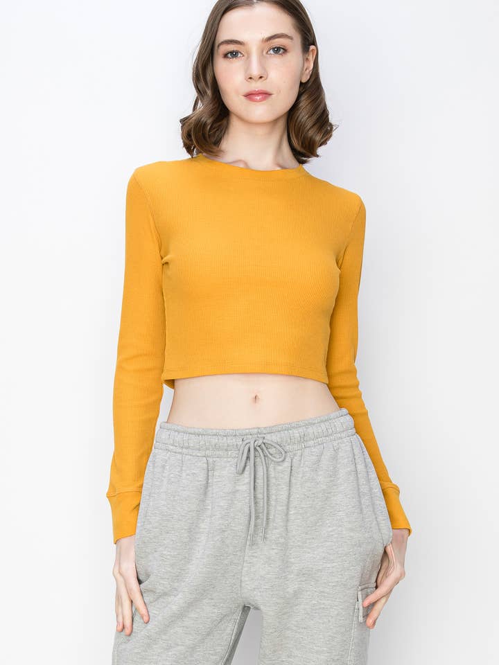 Solid color stretch thermal crop long sleeve basic t shirt for wholesale by Color 5