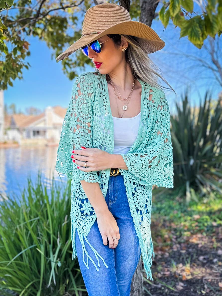 Sage Floral Crochet 3/4 Sleeve With Tassel Kimono for wholesale on Faire1