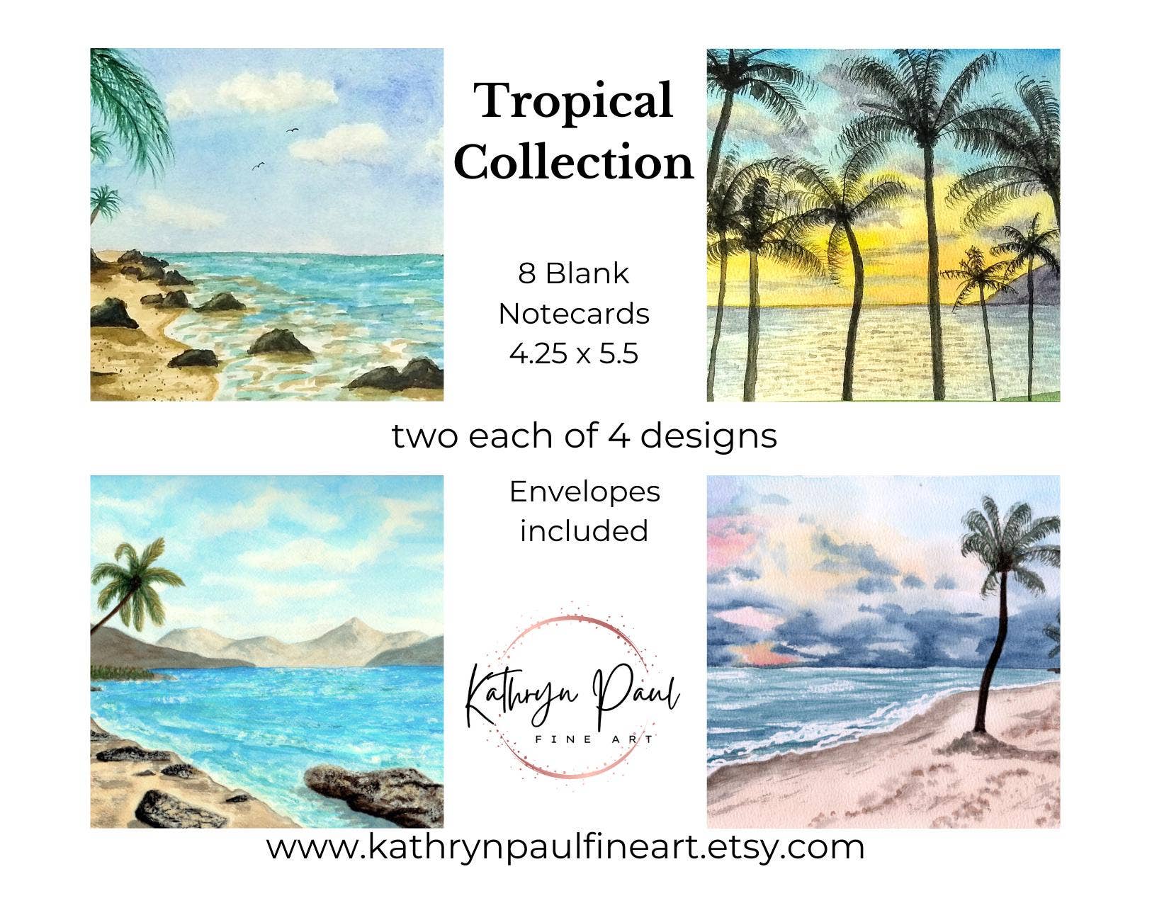 Kathryn Paul Fine Art - Wholesale Stationery/Notecard Set - Tropical Watercolor Notecard Set with Beach and Palm Trees5