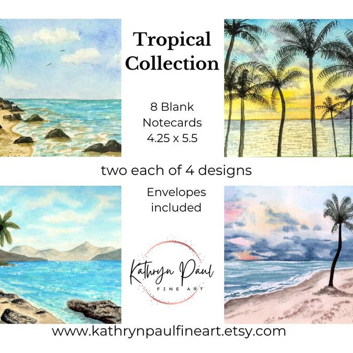 Kathryn Paul Fine Art - Wholesale Stationery/Notecard Set - Tropical Watercolor Notecard Set with Beach and Palm Trees5