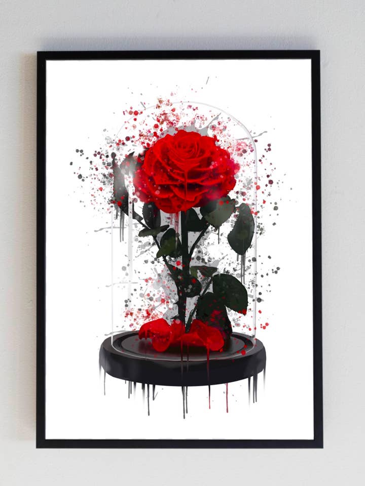 Beauty and the Beast Red Rose Flower Plant Splatter Print for wholesale by Pics and Squiggles
