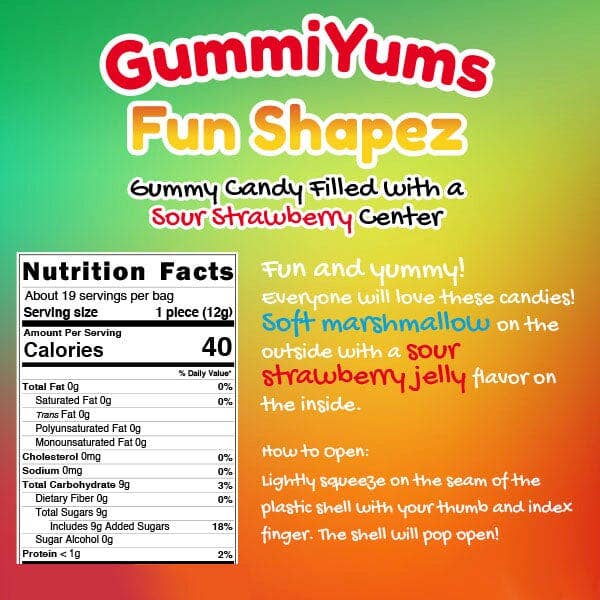 Showcase - Wholesale Gummy - GummiYums: Fun Shapez! (8.1oz) Assorted Gummy Candy Filled with a Sour Strawberry Center
