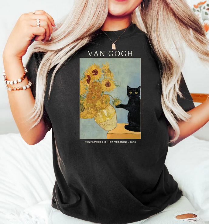 Boho Bloom Emporium - Wholesale Screen Printed T-Shirt - Women's - Van Gogh Cat Shirt0