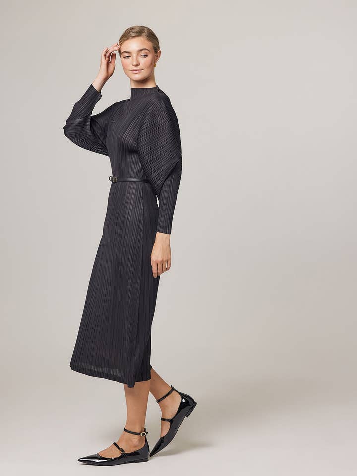 Black Hera Plissé Satin Sculpture Dress for wholesale on Faire5