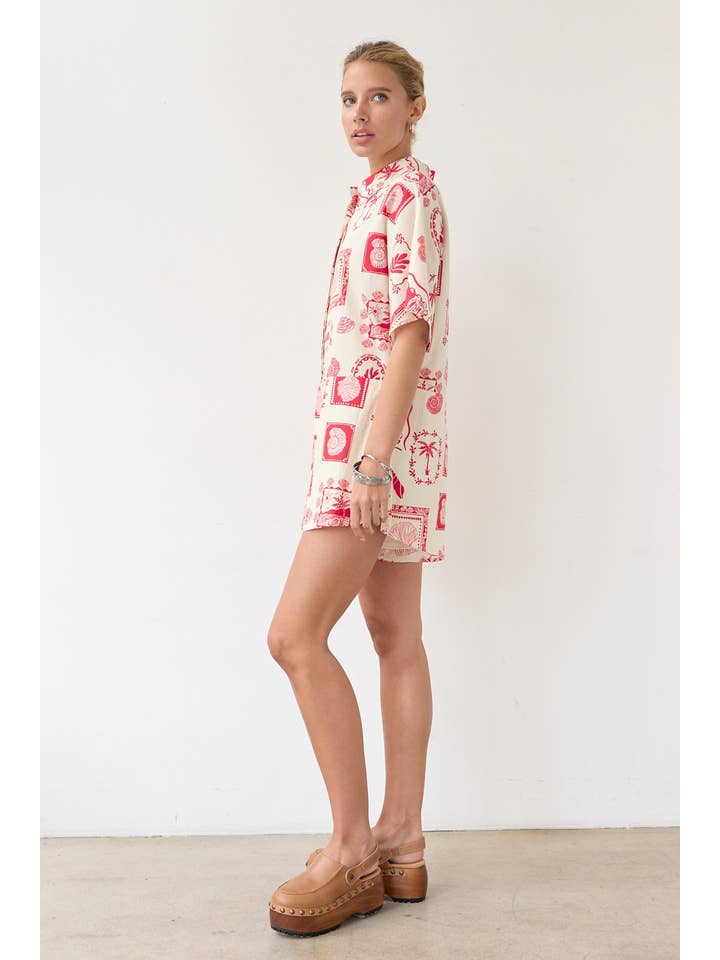RED PALM TREE PRINT SHIRT ROMPER - RJP1013 for wholesale on Faire