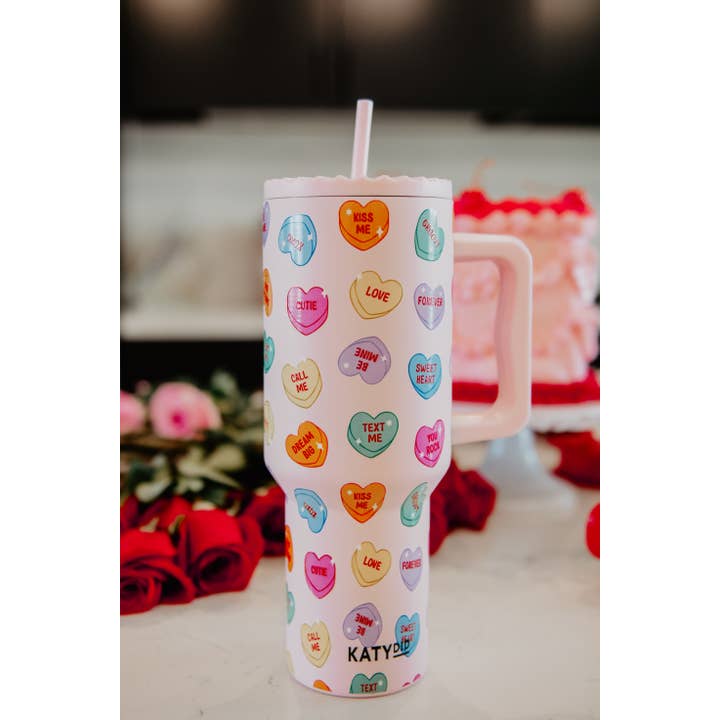 Light Pink Candy Heart Valentine's Stainless Steel Tumbler for wholesale on Faire1