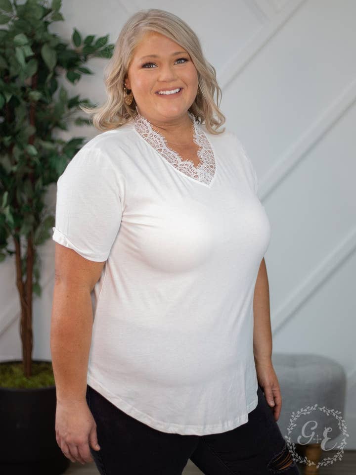 V Neck With Lace Trim in White for wholesale by The Bling Barn