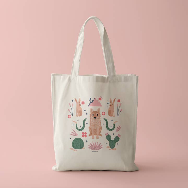 Squidly Designs - Wholesale Tote Bag - Unisex - Tote Bag - Coyote Cactus Desert (Double-sided)